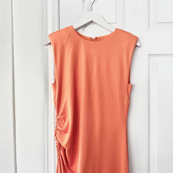 Evereve Zoe Strong Shoulder Ruched Midi Minimalist Slip Dress Orange Sorbet S - Picture 3 of 12